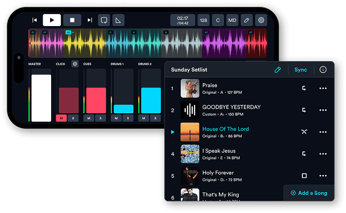 Prime app with stemfaders, timeline/vaweform view and setlist area